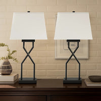 Table Lamp Set of 2, Empire Fabric Shade, Black Geometric Base w USB -BM327798