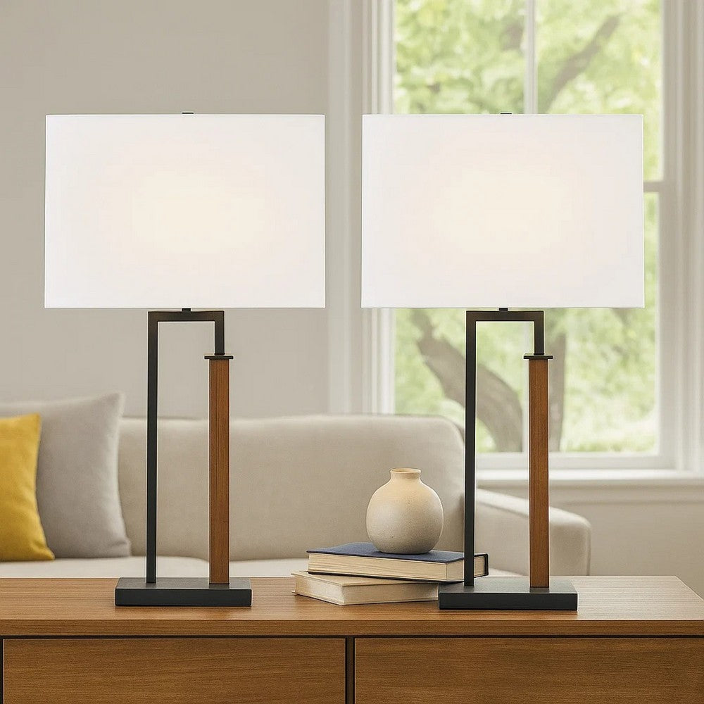 Table Lamp Set of 2, Curved Wired Bronze Base, White Fabric Shade -BM327802