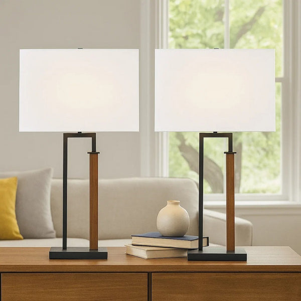 Table Lamp Set of 2, Curved Wired Bronze Base, White Fabric Shade -BM327802