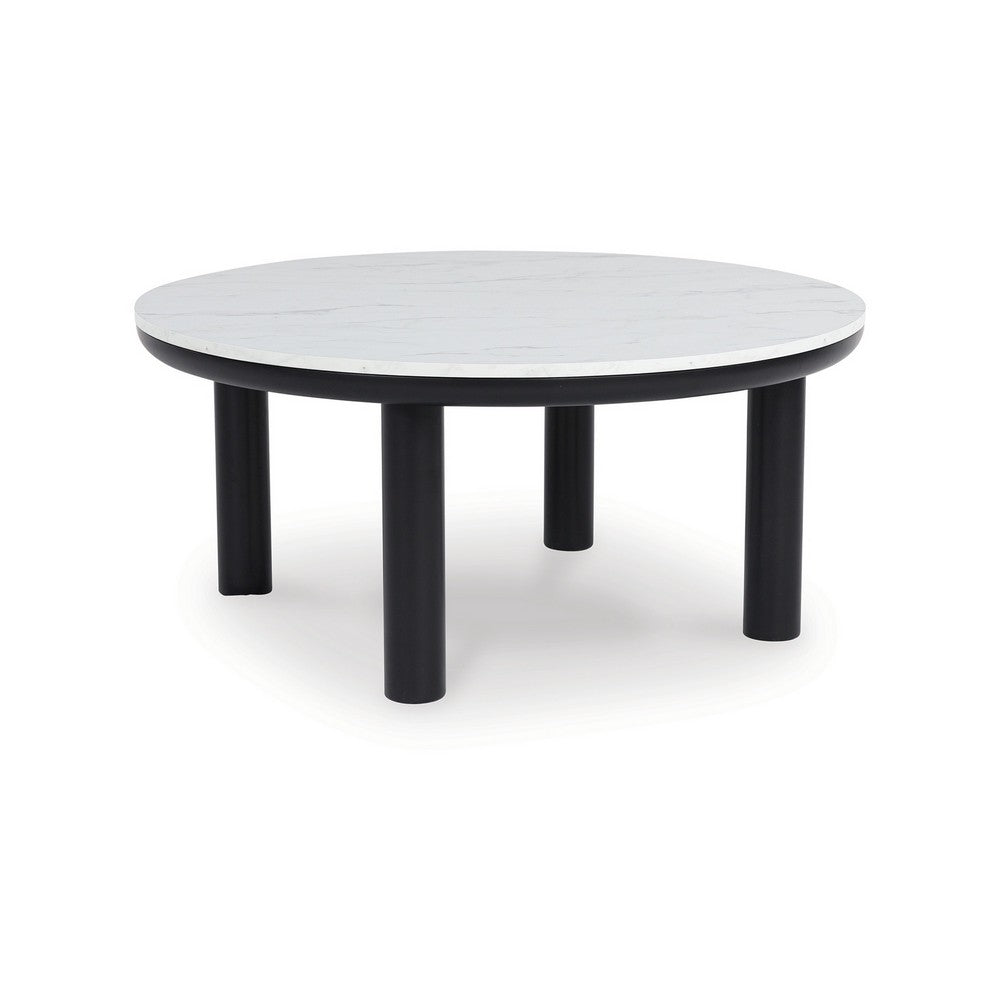 Dae 3pc Coffee and End Table Set, Round White Faux Marble, Black -BM327824