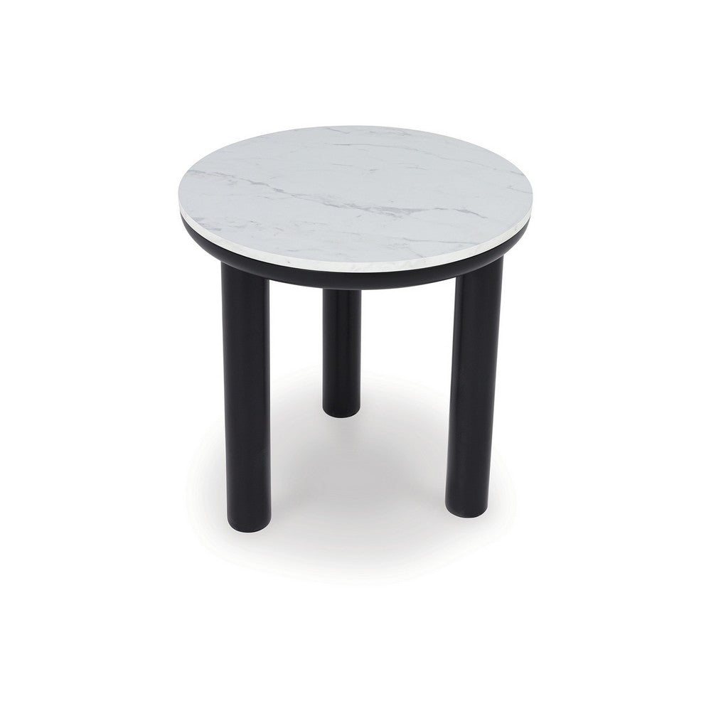 Dae 3pc Coffee and End Table Set, Round White Faux Marble, Black -BM327824