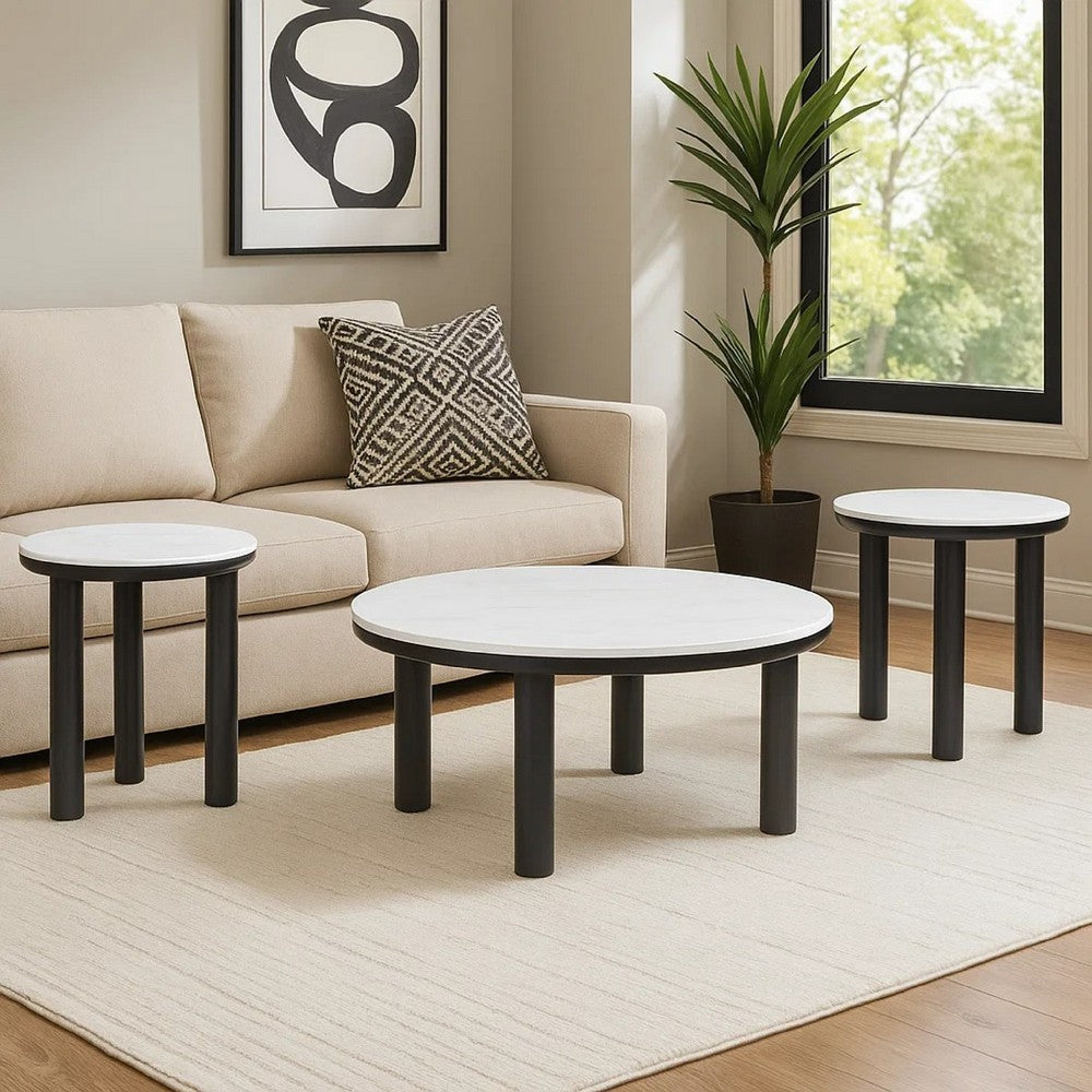 Dae 3pc Coffee and End Table Set, Round White Faux Marble, Black -BM327824
