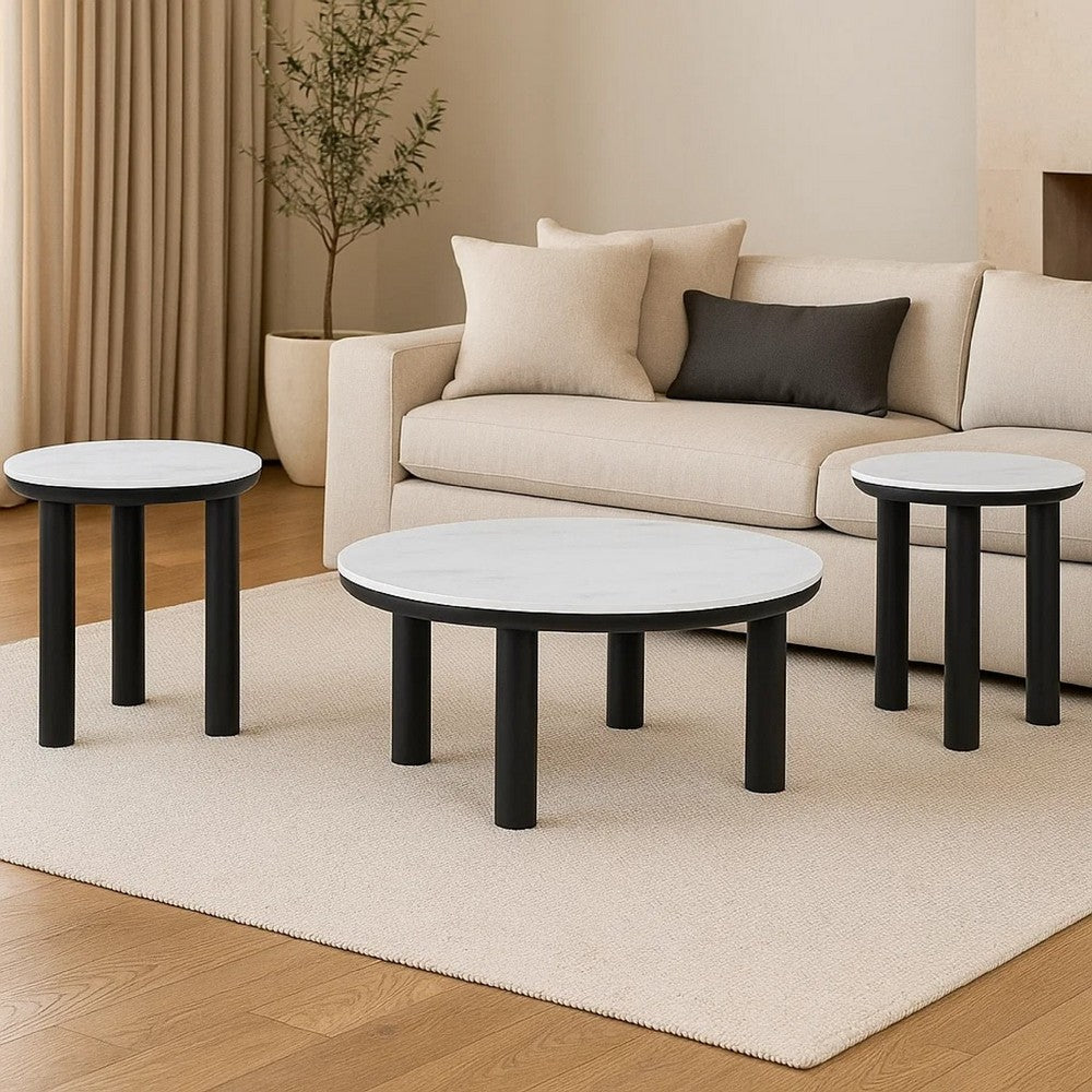 Dae 3pc Coffee and End Table Set, Round White Faux Marble, Black -BM327824