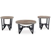 Hya 3pc Coffee and End Table Set, Brown Wood Round Top, Black Angular -BM327826