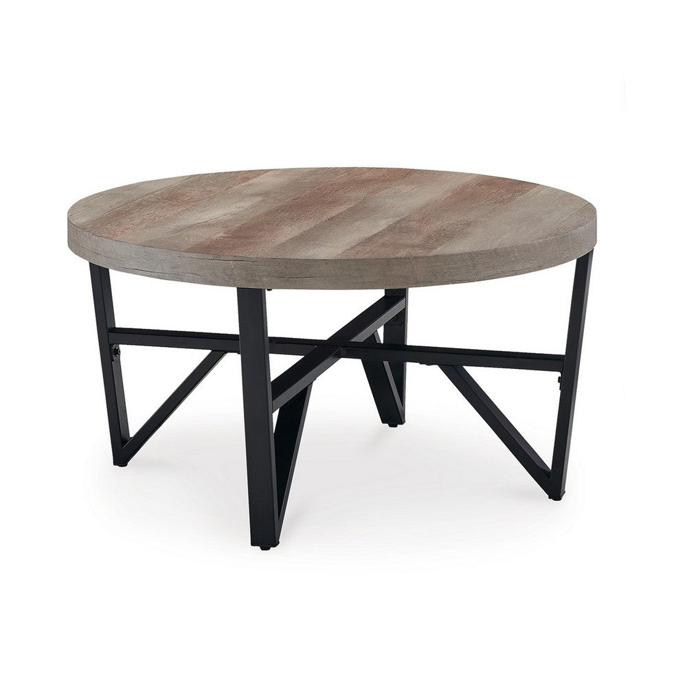 Hya 3pc Coffee and End Table Set, Brown Wood Round Top, Black Angular -BM327826
