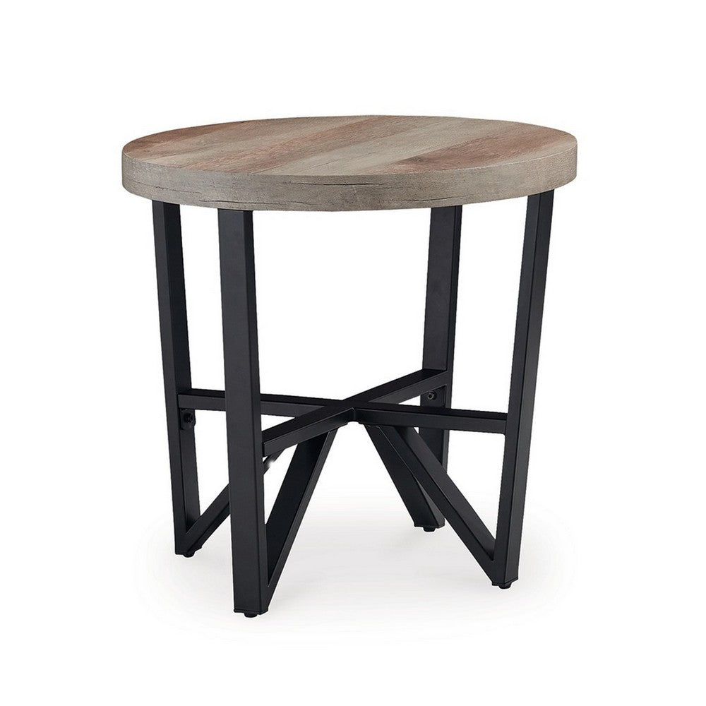 Hya 3pc Coffee and End Table Set, Brown Wood Round Top, Black Angular -BM327826