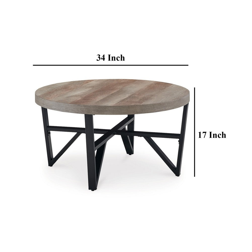 Hya 3pc Coffee and End Table Set, Brown Wood Round Top, Black Angular -BM327826