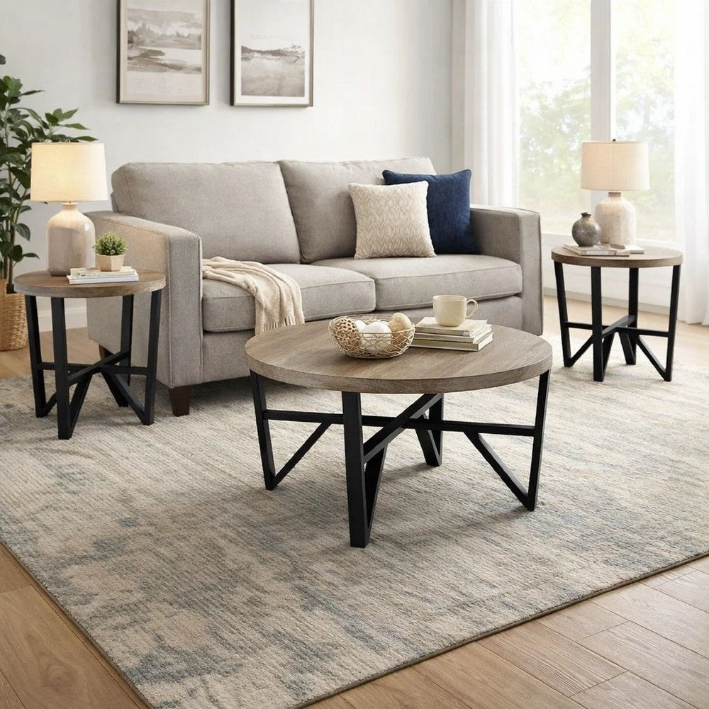 Hya 3pc Coffee and End Table Set, Brown Wood Round Top, Black Angular -BM327826