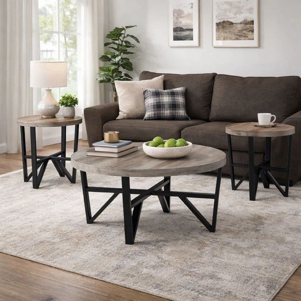 Hya 3pc Coffee and End Table Set, Brown Wood Round Top, Black Angular -BM327826