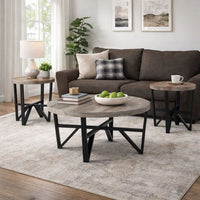 Hya 3pc Coffee and End Table Set, Brown Wood Round Top, Black Angular -BM327826
