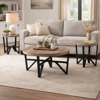 Hya 3pc Coffee and End Table Set, Brown Wood Round Top, Black Angular -BM327826