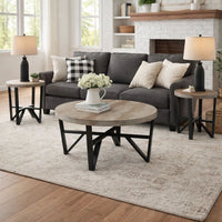 Hya 3pc Coffee and End Table Set, Brown Wood Round Top, Black Angular -BM327826