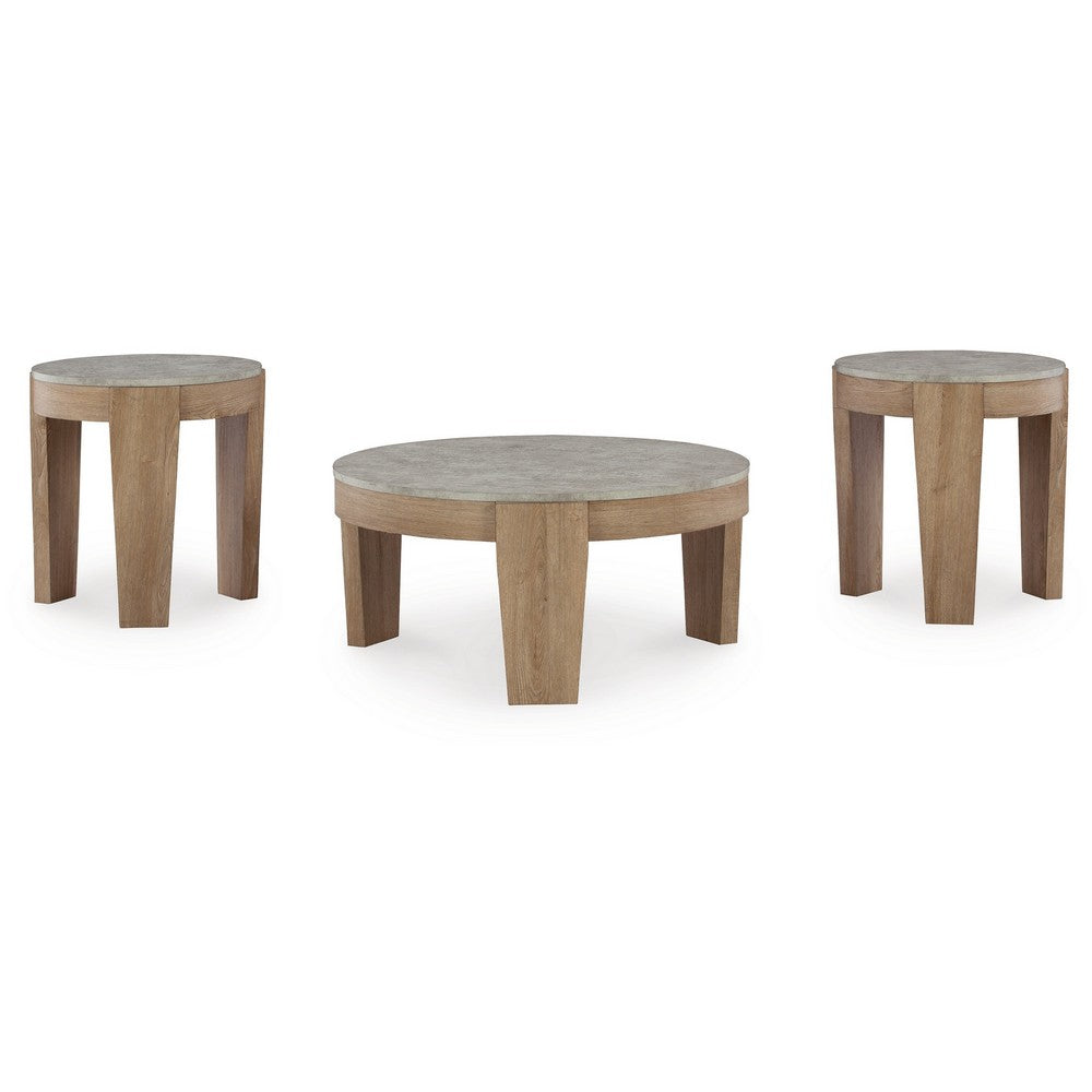 Hena 3pc Coffee and End Table Set, Round Gray Faux Cement, Brown Wood -BM327827