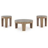 Hena 3pc Coffee and End Table Set, Round Gray Faux Cement, Brown Wood -BM327827