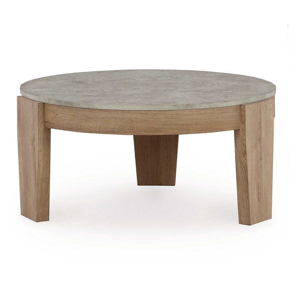 Hena 3pc Coffee and End Table Set, Round Gray Faux Cement, Brown Wood -BM327827