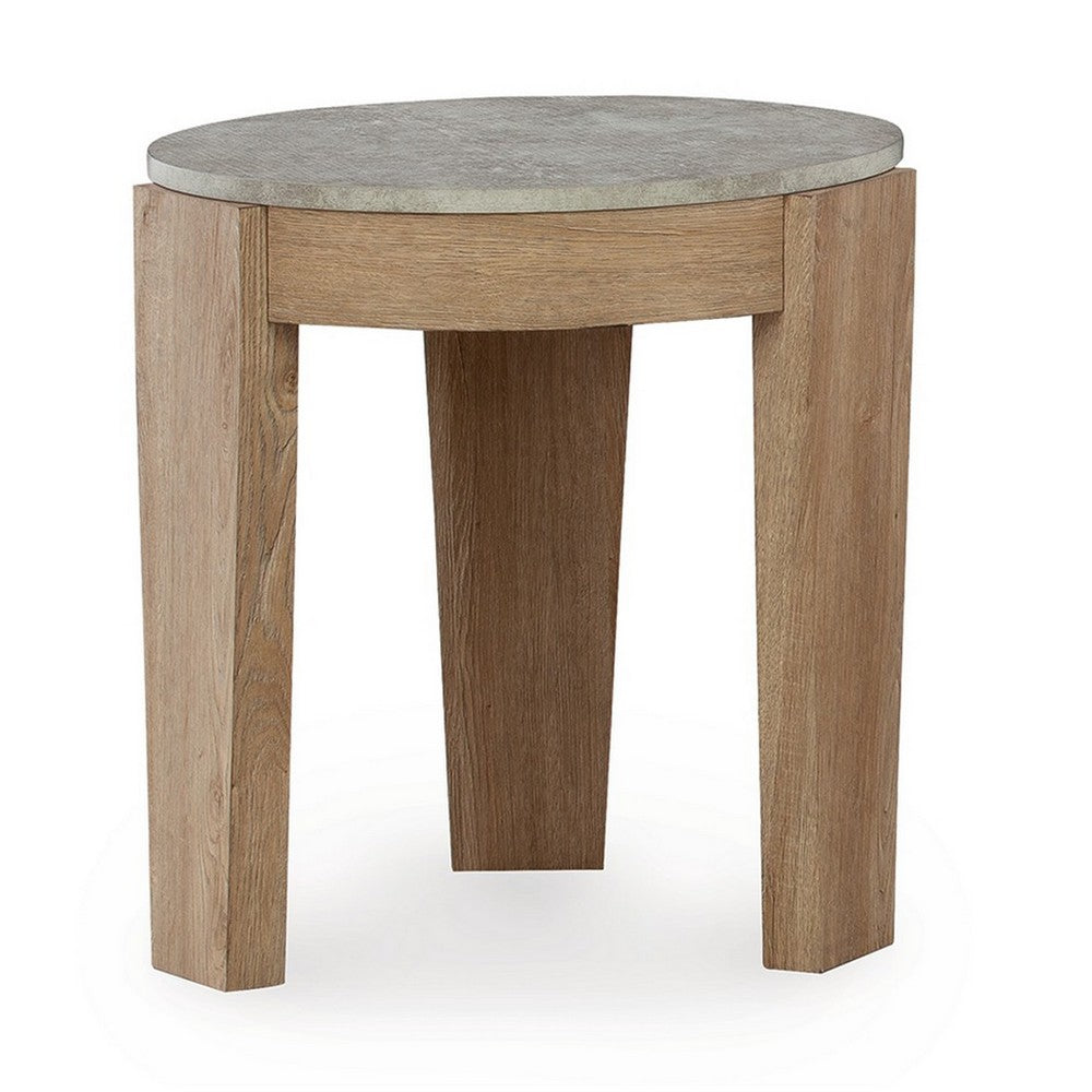 Hena 3pc Coffee and End Table Set, Round Gray Faux Cement, Brown Wood -BM327827