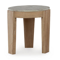 Hena 3pc Coffee and End Table Set, Round Gray Faux Cement, Brown Wood -BM327827