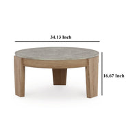Hena 3pc Coffee and End Table Set, Round Gray Faux Cement, Brown Wood -BM327827