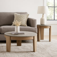 Hena 3pc Coffee and End Table Set, Round Gray Faux Cement, Brown Wood -BM327827