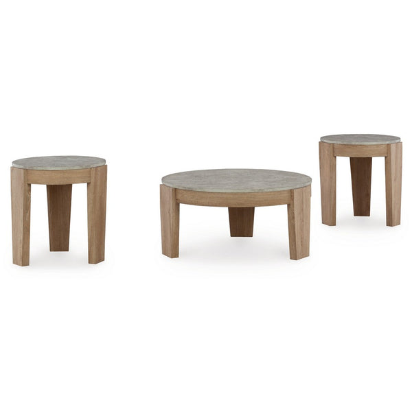 Hena 3pc Coffee and End Table Set, Round Gray Faux Cement, Brown Wood -BM327827