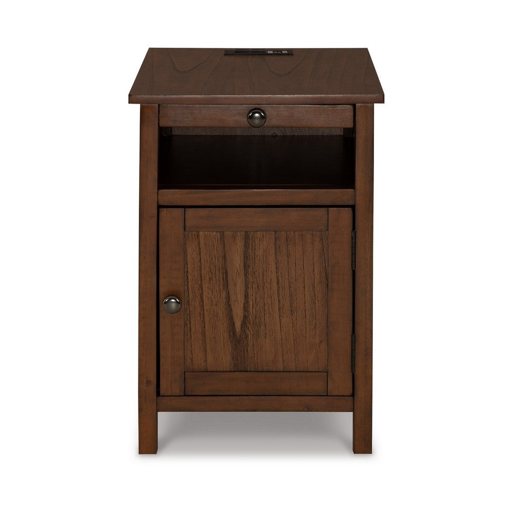 Gena Side End Table, Shelf and Pull Out Tray, Brown Solid Wood 24 Inch -BM327829