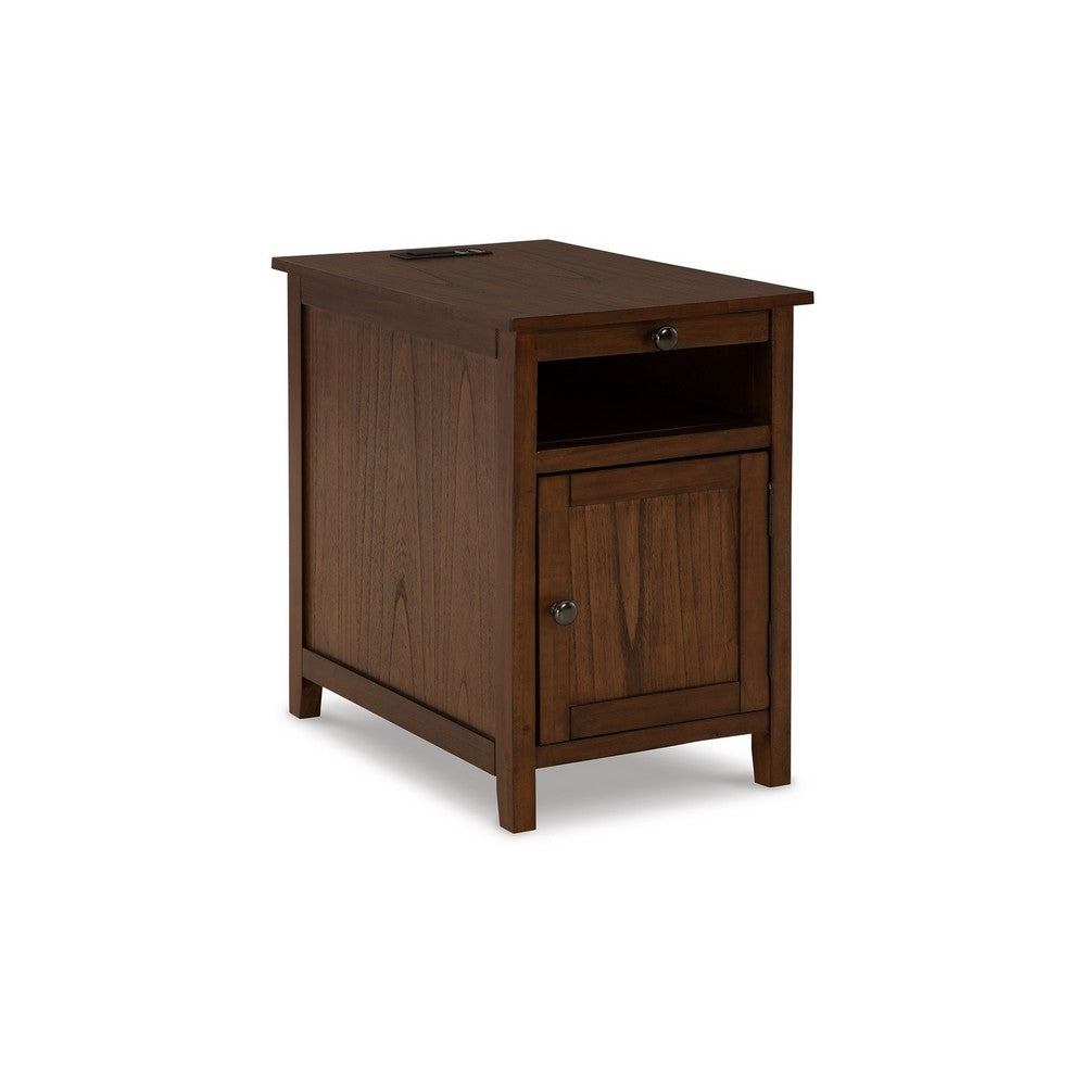 Gena Side End Table, Shelf and Pull Out Tray, Brown Solid Wood 24 Inch -BM327829