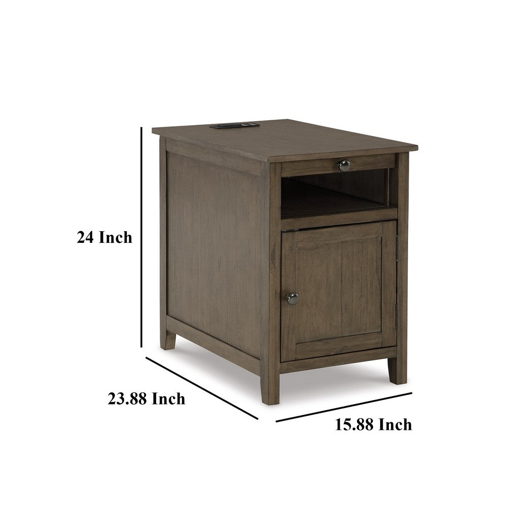 Gena Side End Table, Shelf and Pull Out Tray, Gray Brown Wood 24 Inch -BM327830