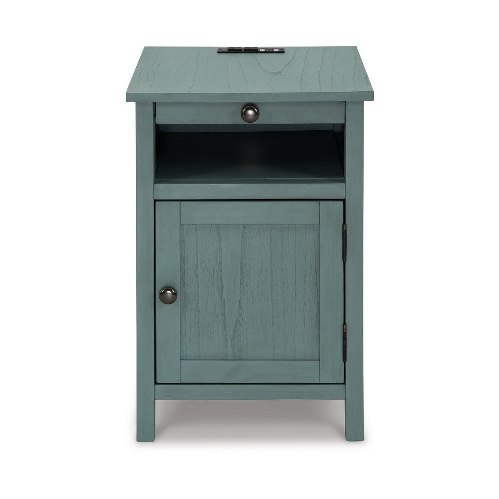 Gena Side End Table, Shelf and Pull Out Tray, Teal Solid Wood 24 Inch -BM327834