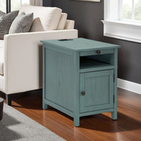 Gena Side End Table, Shelf and Pull Out Tray, Teal Solid Wood 24 Inch -BM327834