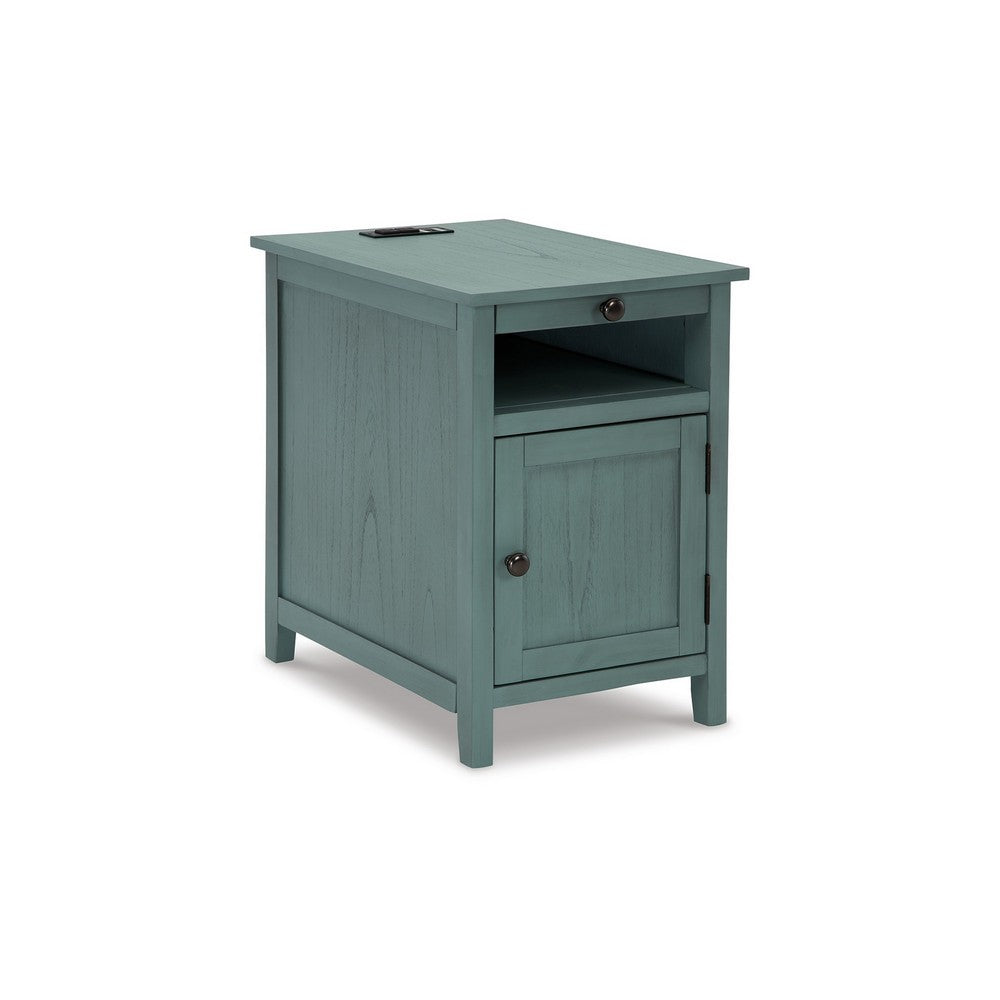 Gena Side End Table, Shelf and Pull Out Tray, Teal Solid Wood 24 Inch