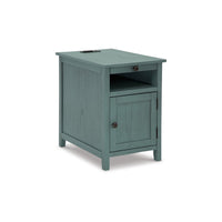 Gena Side End Table, Shelf and Pull Out Tray, Teal Solid Wood 24 Inch