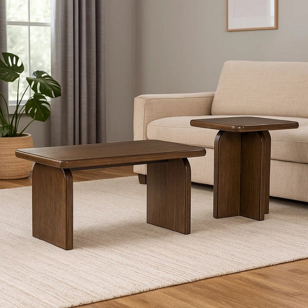 Medy 2pc Coffee and End Table Set, Wide Geometric Base, Textured Brown -BM327839
