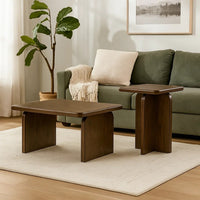Medy 2pc Coffee and End Table Set, Wide Geometric Base, Textured Brown -BM327839