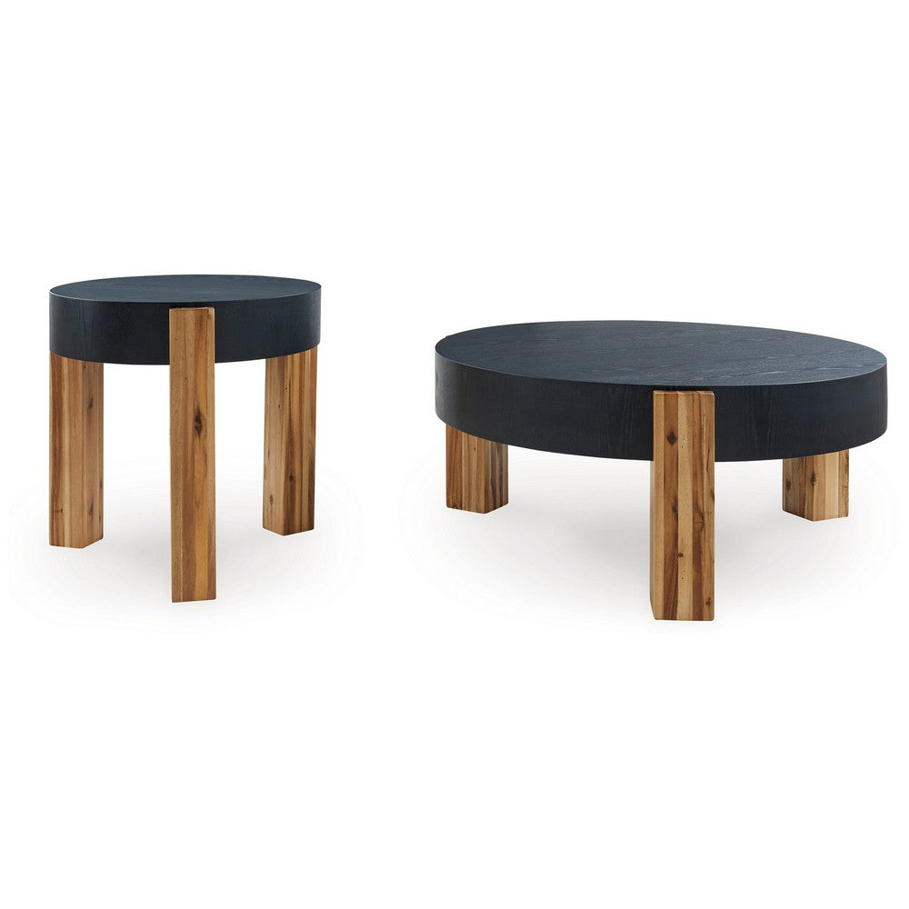Moy 2pc Coffee and End Table Set, Round Black Textured Top, Solid Wood -BM327840