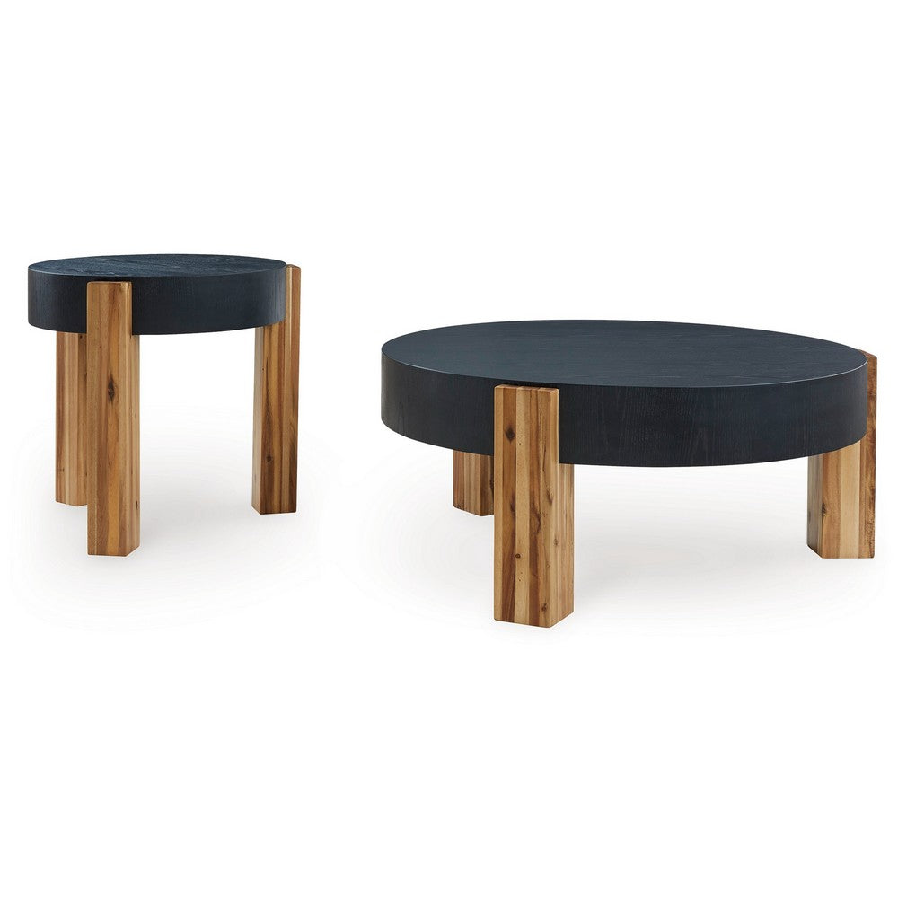Moy 2pc Coffee and End Table Set, Round Black Textured Top, Solid Wood -BM327840