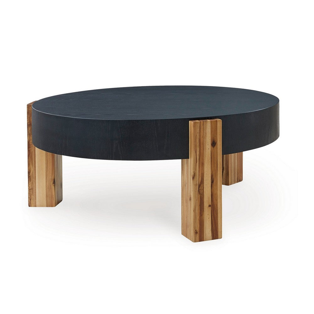 Moy 2pc Coffee and End Table Set, Round Black Textured Top, Solid Wood -BM327840
