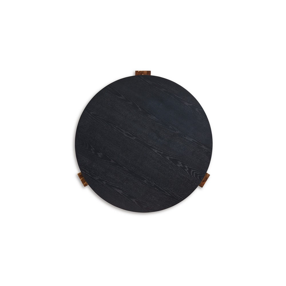 Moy 2pc Coffee and End Table Set, Round Black Textured Top, Solid Wood -BM327840