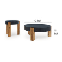 Moy 2pc Coffee and End Table Set, Round Black Textured Top, Solid Wood -BM327840