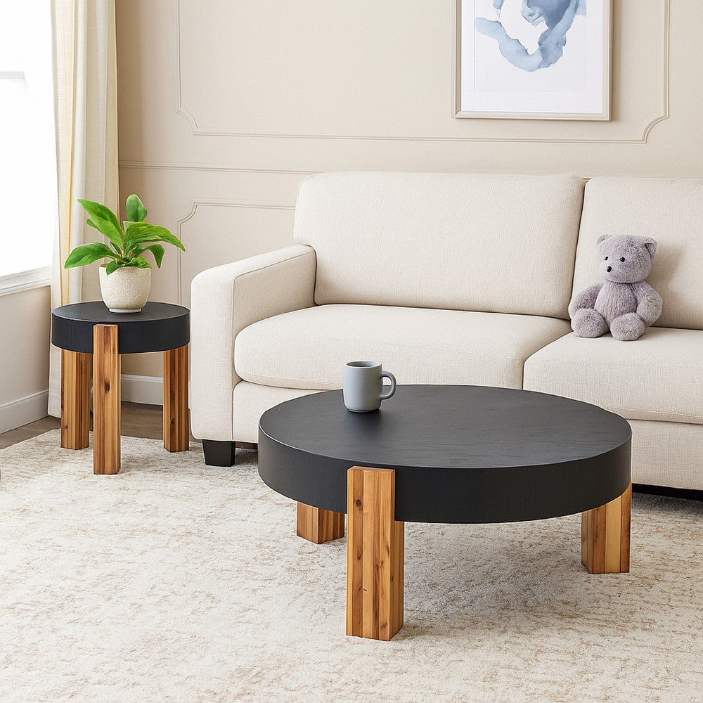 Moy 2pc Coffee and End Table Set, Round Black Textured Top, Solid Wood -BM327840