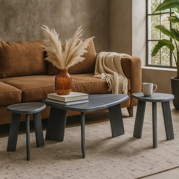 Bey 3pc Coffee n Table Set, Gray Faux Marble Top, Geometric Panel Base -BM327842