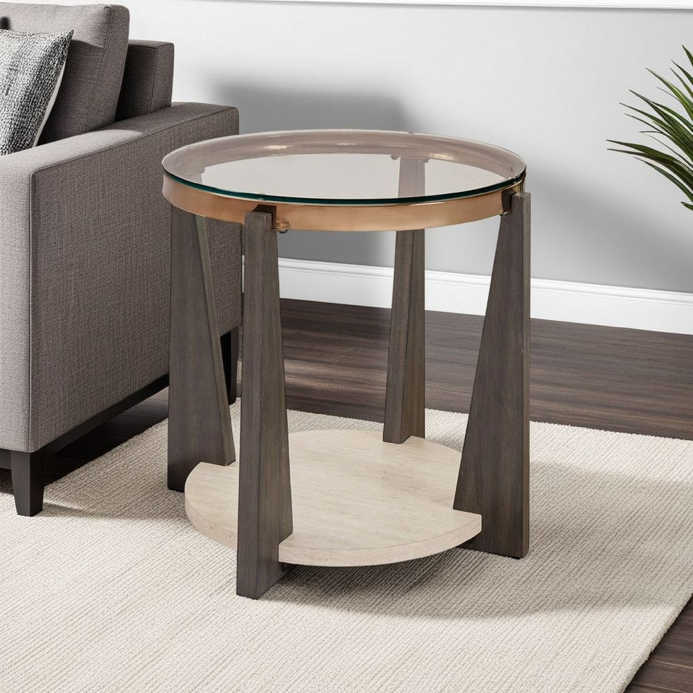 Miu Side End Table, 24 Inch Round Glass Top w Shelf, Brown Angled Base -BM327848
