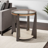 Miu Side End Table, 24 Inch Round Glass Top w Shelf, Brown Angled Base -BM327848