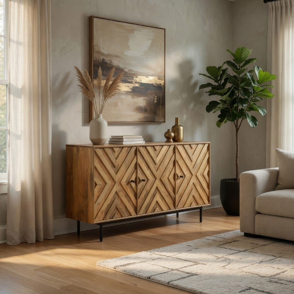 Sideboard Cabinet Console, Diamond Pattern 3 Doors, Brown 58 Inch -BM327866