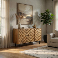 Sideboard Cabinet Console, Diamond Pattern 3 Doors, Brown 58 Inch -BM327866