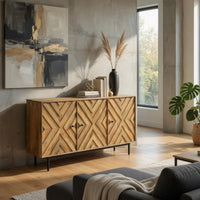 Sideboard Cabinet Console, Diamond Pattern 3 Doors, Brown 58 Inch -BM327866