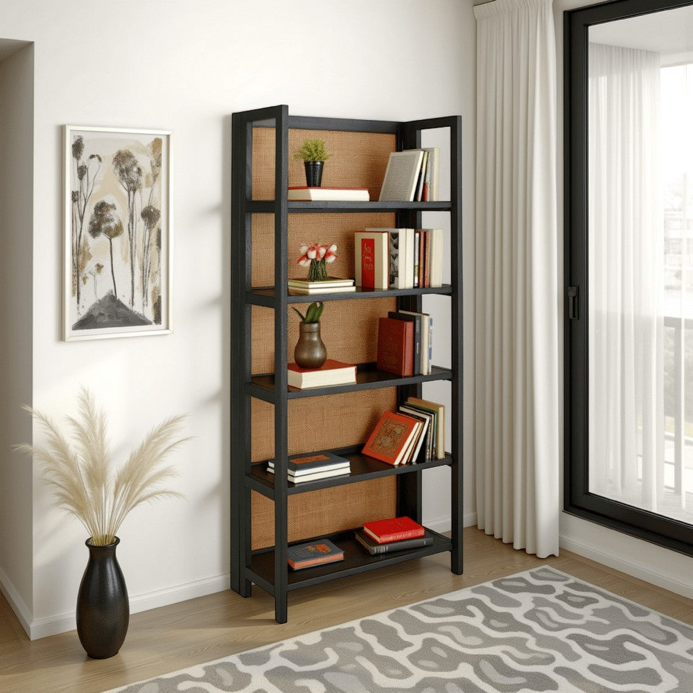 Bookcase, 70 Inch, 5 Wood Storage Shelves, Black and Brown Solid Wood -BM327869