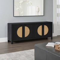 Sideboard Cabinet Console, 4 Doors Woven Cane, 70 Inch Black and Brown -BM327870