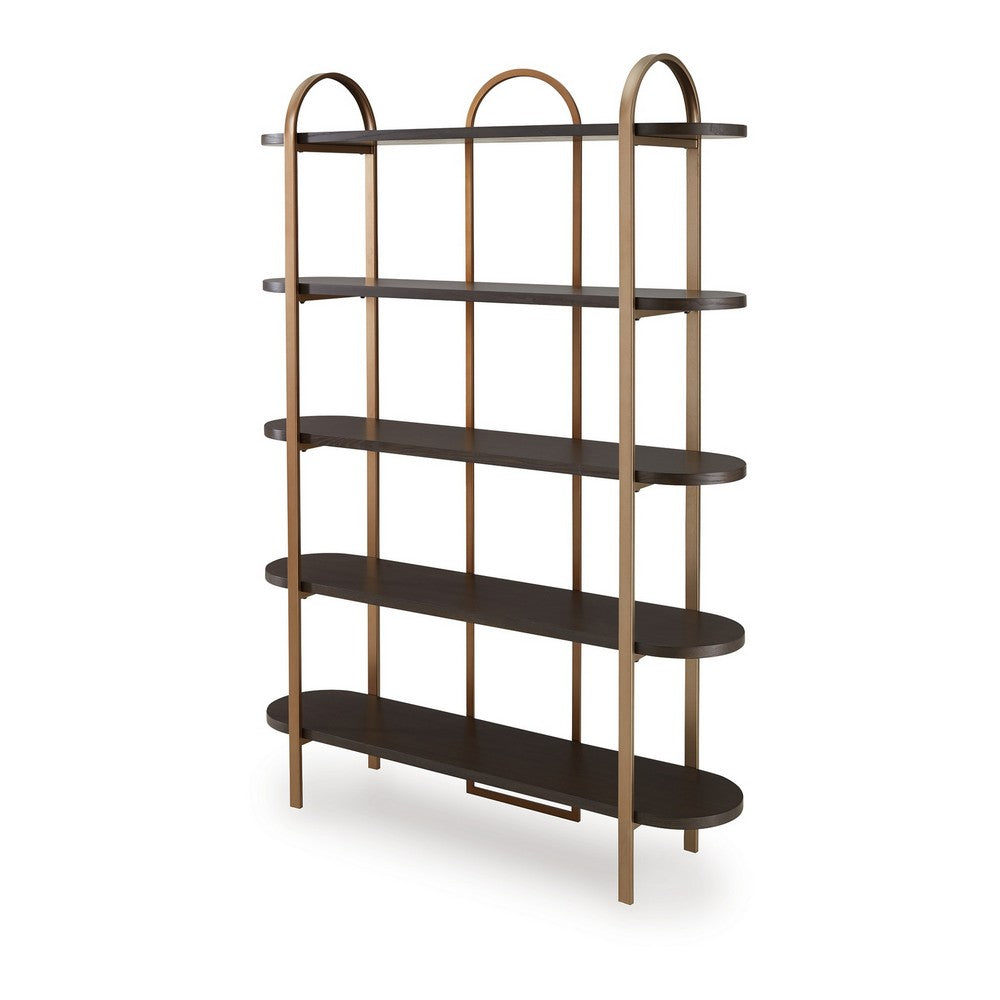 72 Inch Bookcase with 5 Ash Wood Storage Shelves, Retro Gold Frame -BM327878