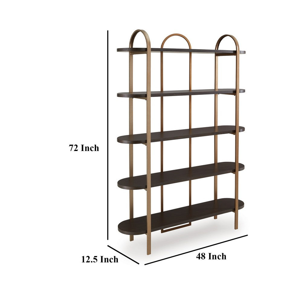 72 Inch Bookcase with 5 Ash Wood Storage Shelves, Retro Gold Frame -BM327878