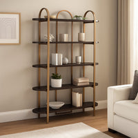 72 Inch Bookcase with 5 Ash Wood Storage Shelves, Retro Gold Frame -BM327878